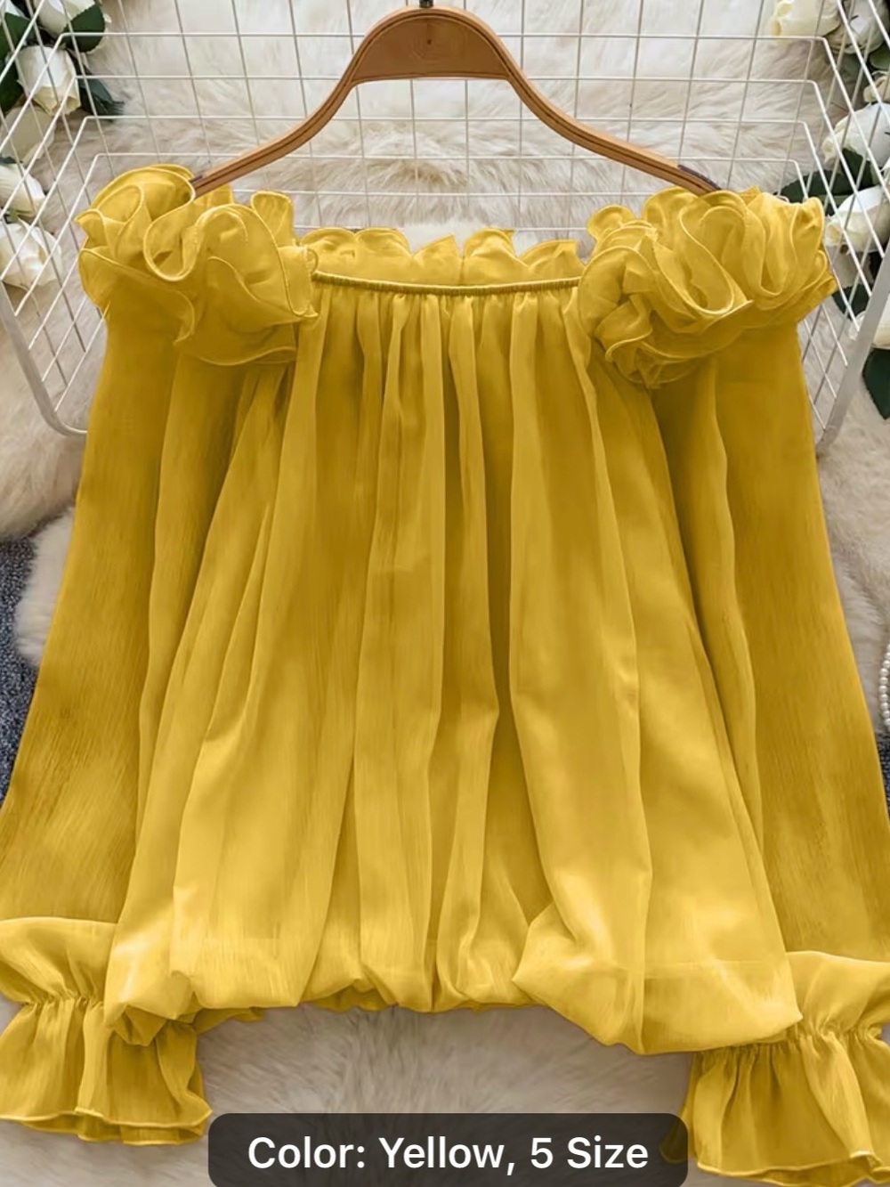 Yellow Ruffle Off-Shoulder Women's Blouse - Picture 4 of 6